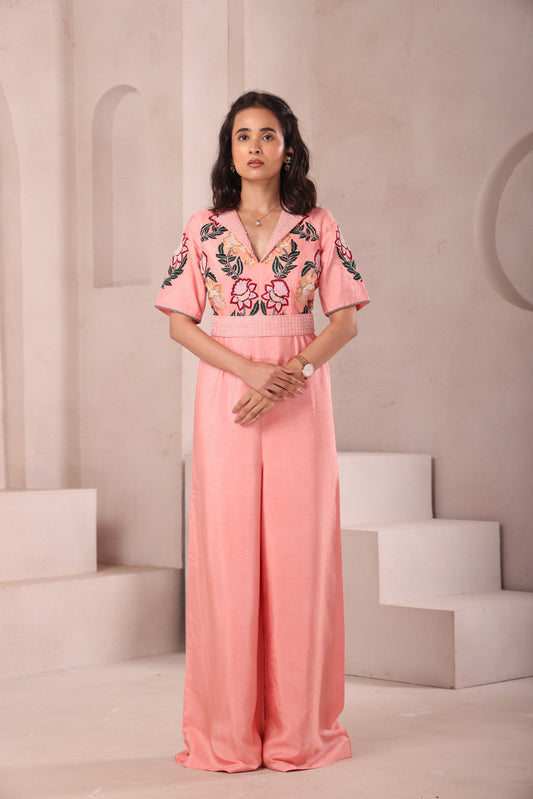 Peach Embroidered Collared Jumpsuit