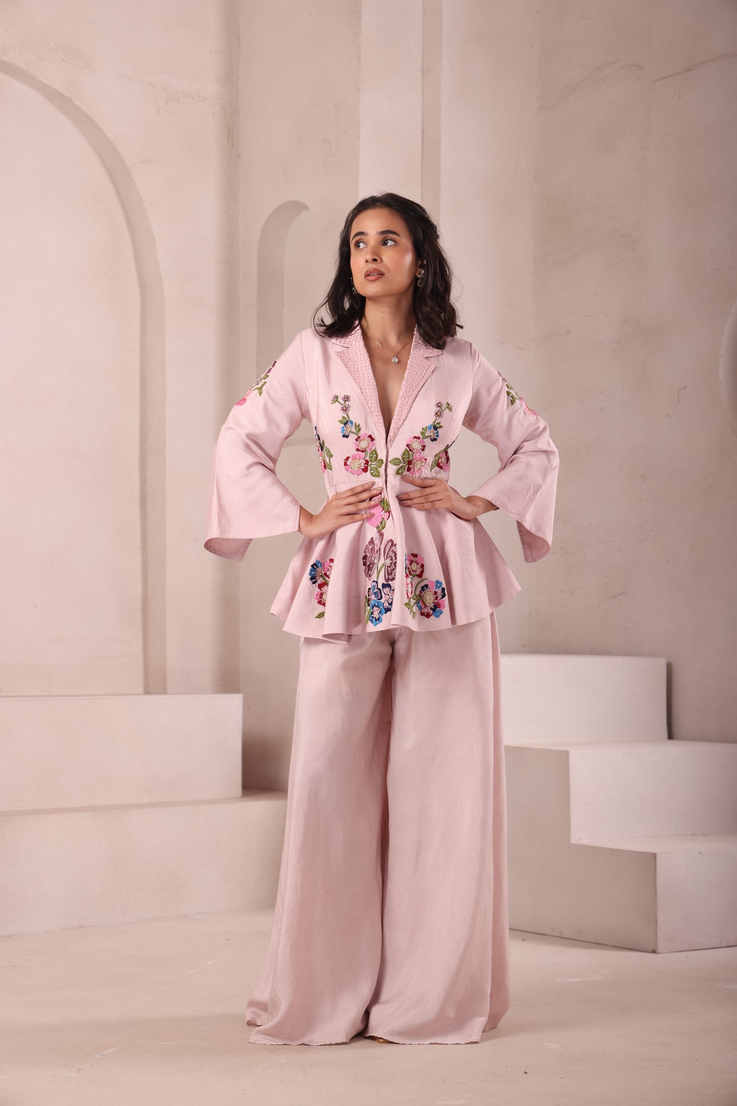 Baby Pink Embroidered Collared Peplum Top Set