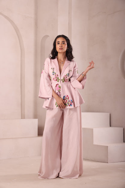 Baby Pink Embroidered Collared Peplum Top Set