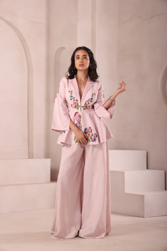 Baby Pink Embroidered Collared Peplum Top Set