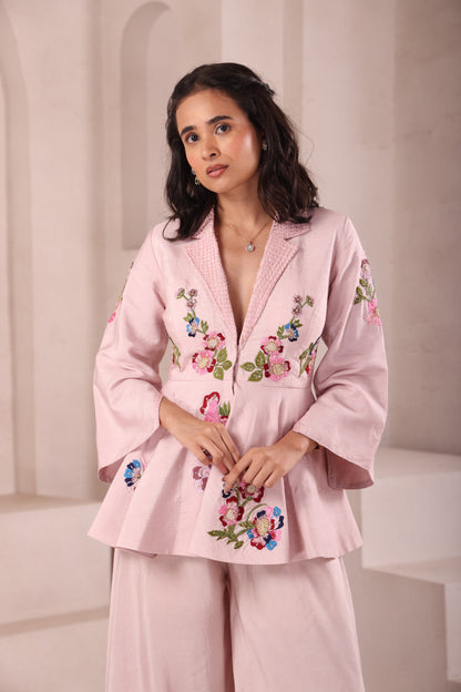Baby Pink Embroidered Collared Peplum Top Set