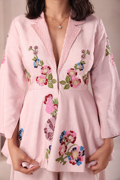 Baby Pink Embroidered Collared Peplum Top Set