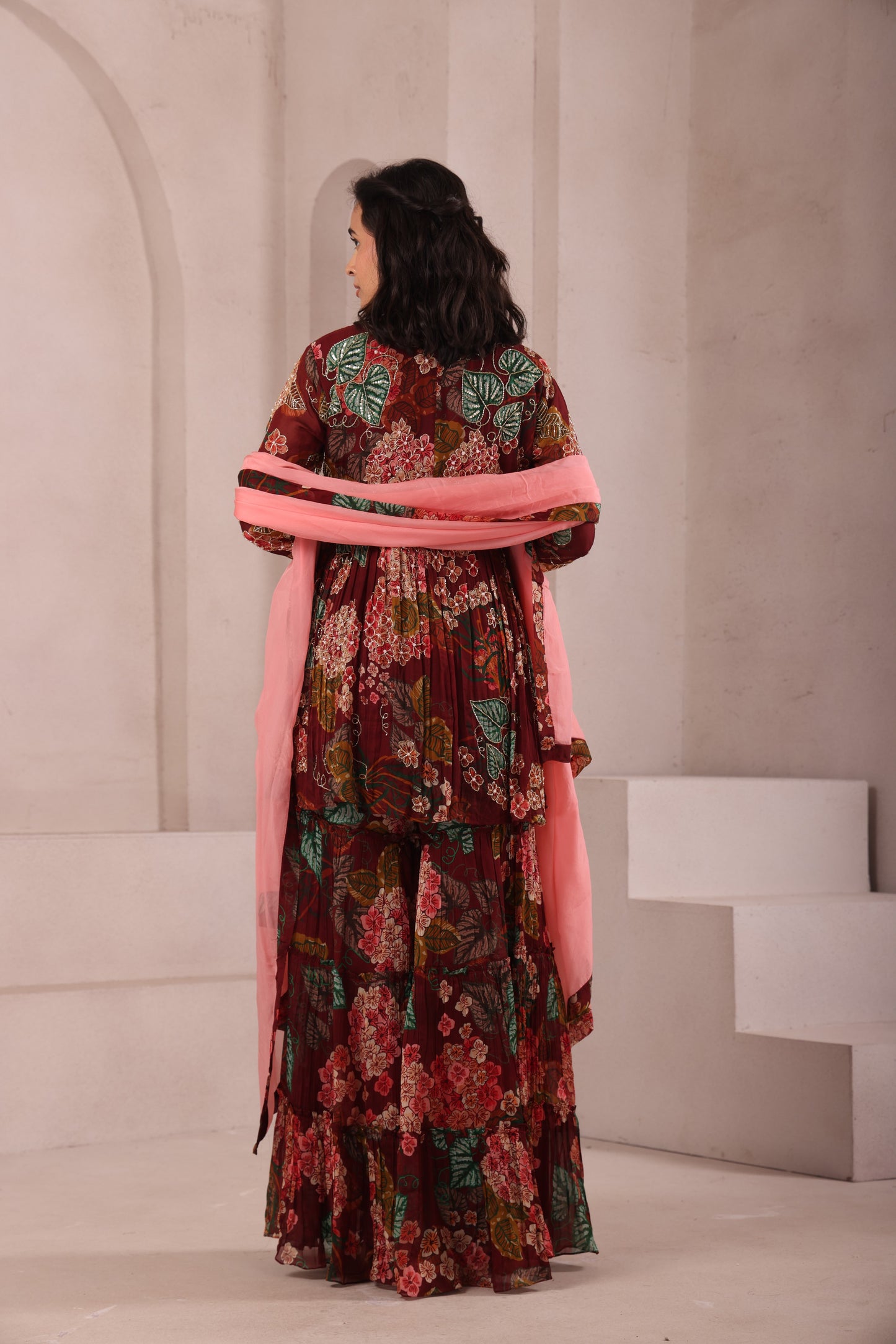 Maroon Leaf Printed Hand Embroidered Sharara set