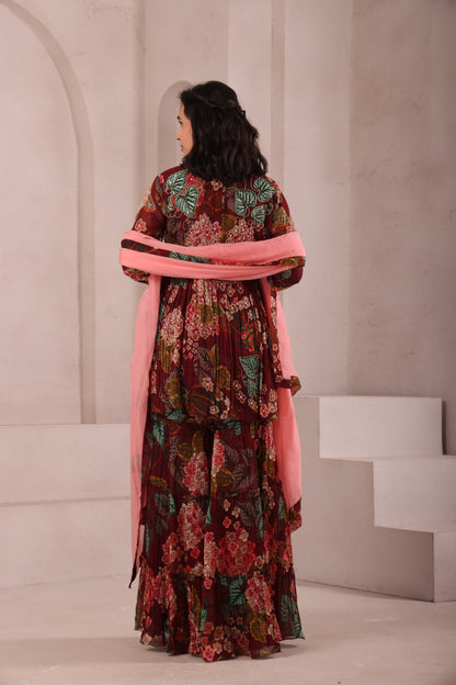 Maroon Leaf Printed Hand Embroidered Sharara set