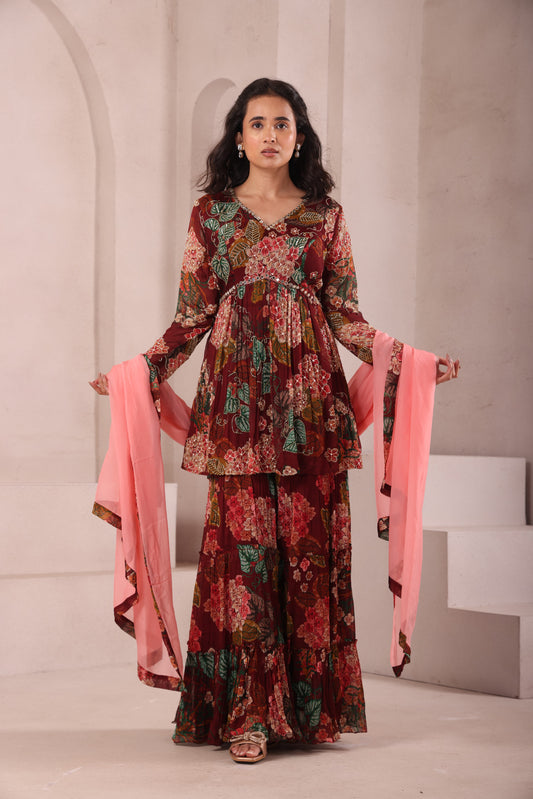Maroon Leaf Printed Hand Embroidered Sharara set