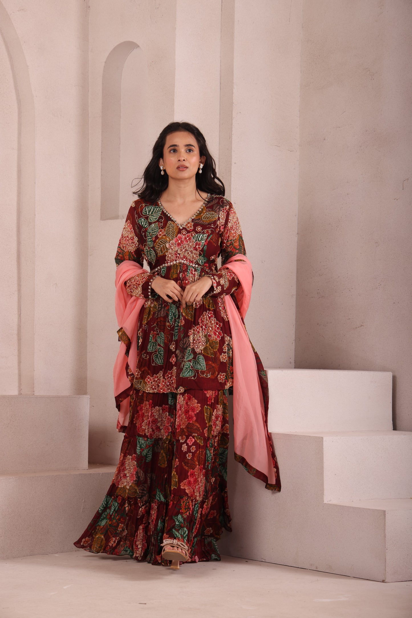 Maroon Leaf Printed Hand Embroidered Sharara set