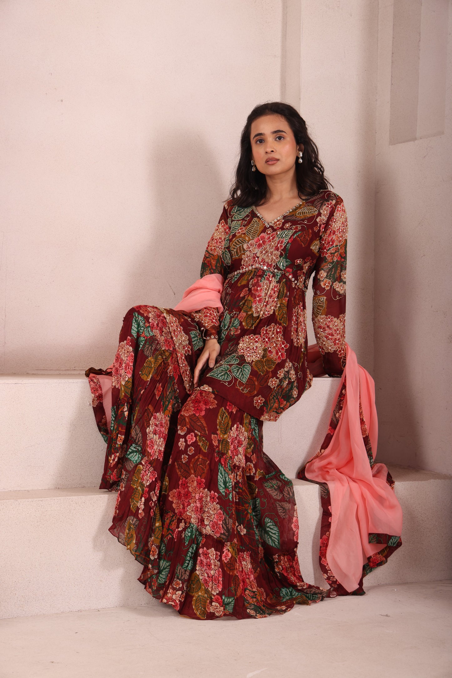 Maroon Leaf Printed Hand Embroidered Sharara set