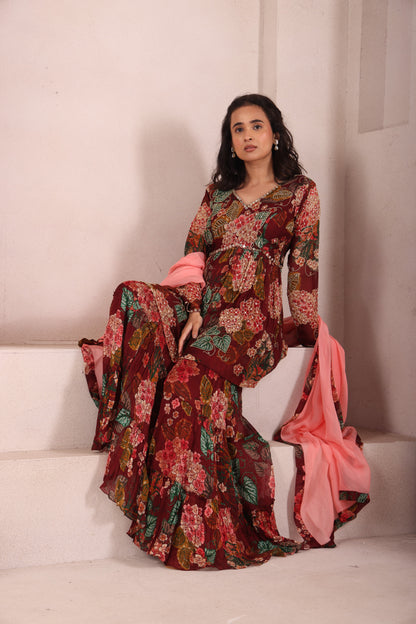 Maroon Leaf Printed Hand Embroidered Sharara set