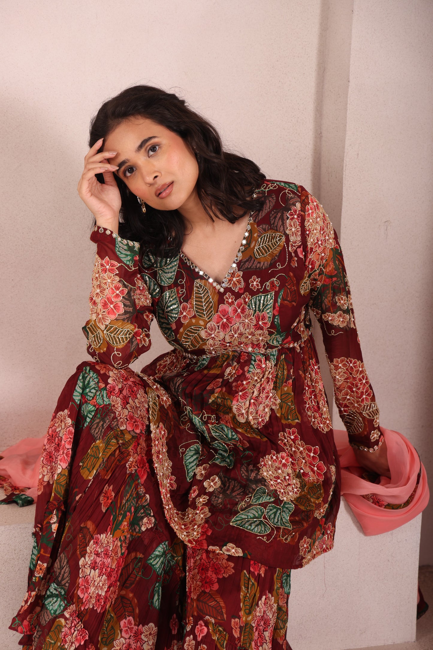 Maroon Leaf Printed Hand Embroidered Sharara set