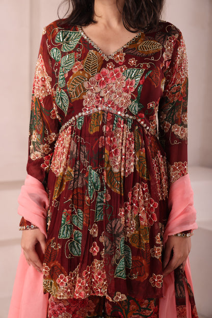 Maroon Leaf Printed Hand Embroidered Sharara set
