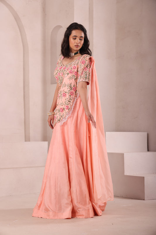 Peach Hand Embroidered Lehenga Choli