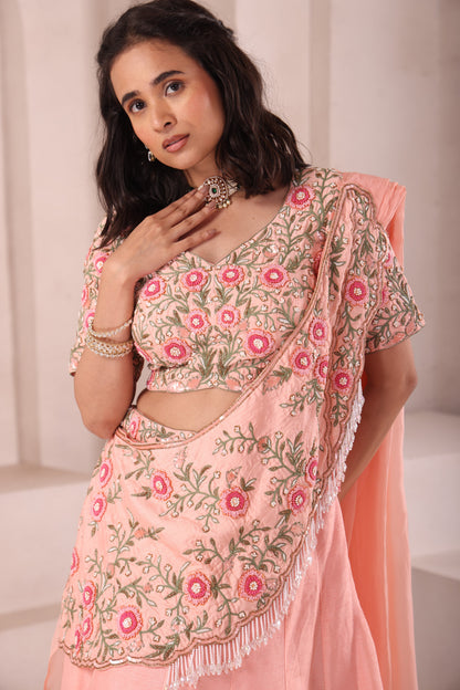 Peach Hand Embroidered Lehenga Choli