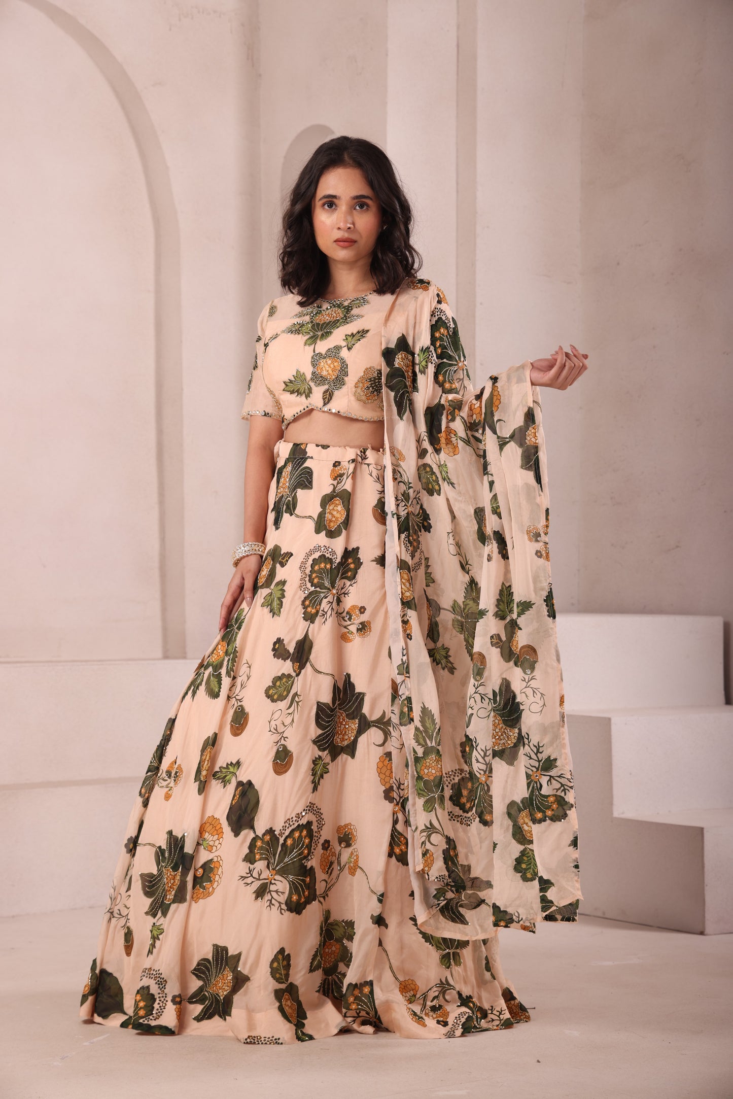 Leaf Printed Hand Embroidered Lehenga Set