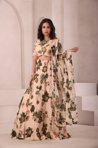 Leaf Printed Hand Embroidered Lehenga Set