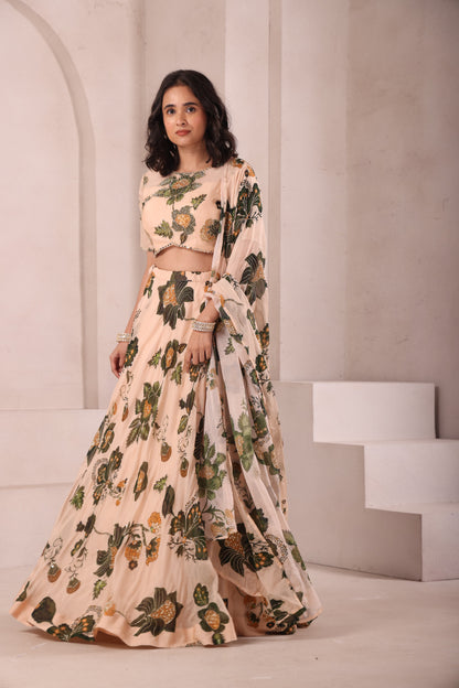 Leaf Printed Hand Embroidered Lehenga Set