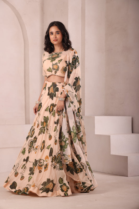 Leaf Printed Hand Embroidered Lehenga Set