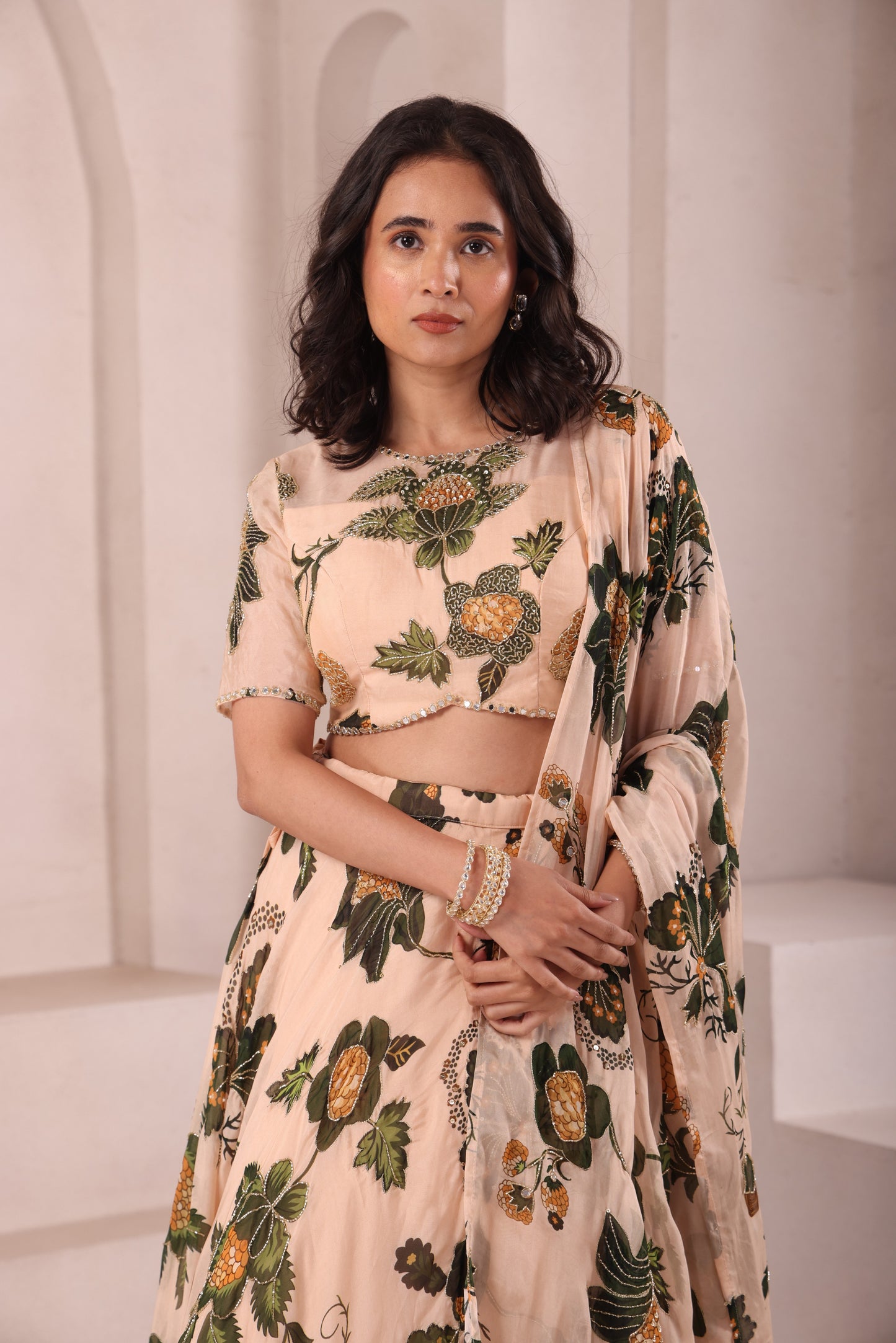 Leaf Printed Hand Embroidered Lehenga Set