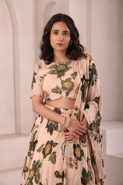 Leaf Printed Hand Embroidered Lehenga Set