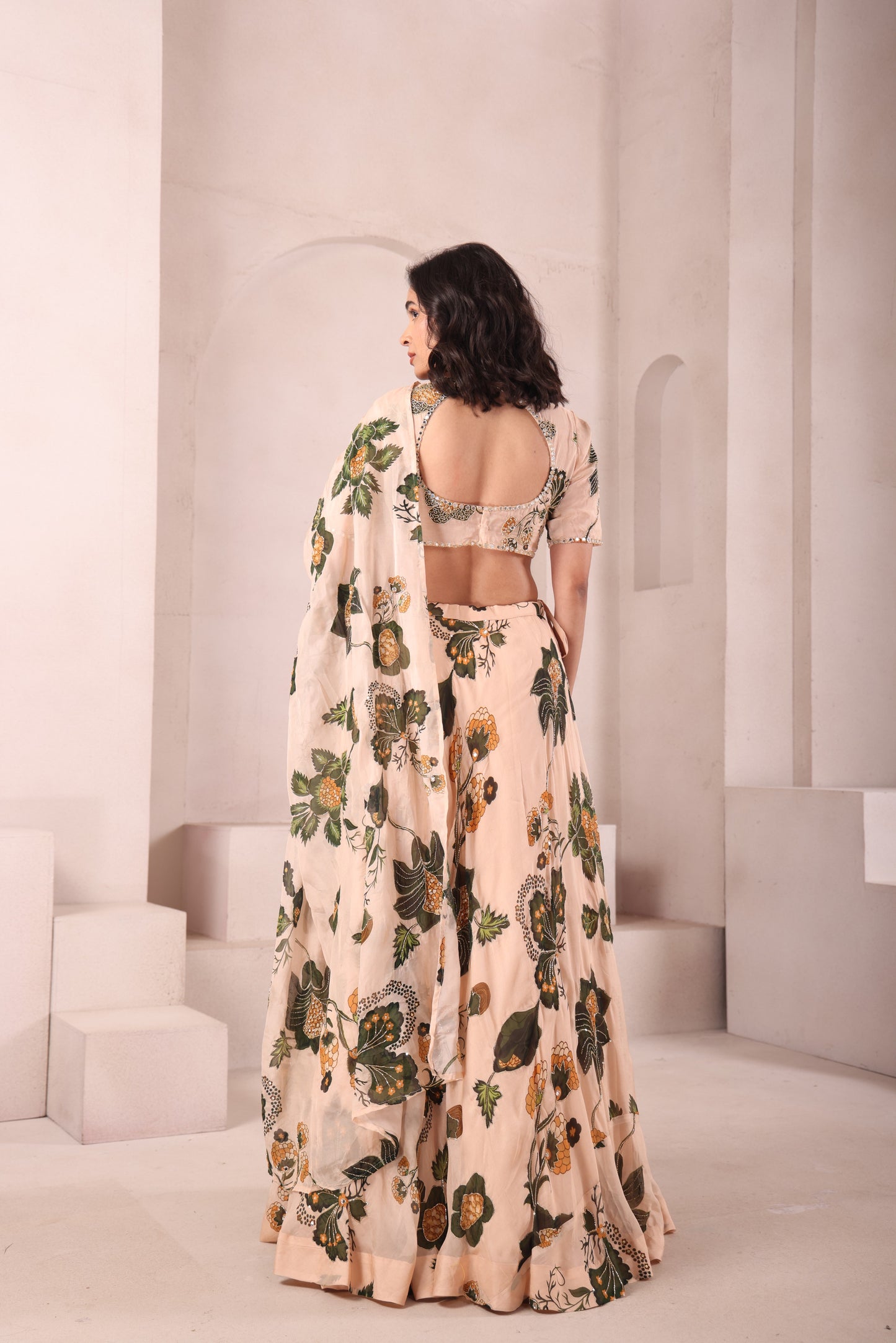 Leaf Printed Hand Embroidered Lehenga Set