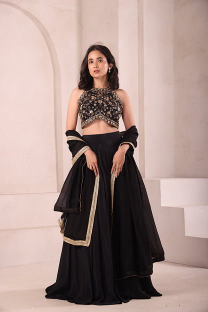 Black Halter Neck Hand Embroidered Lehenga Choli