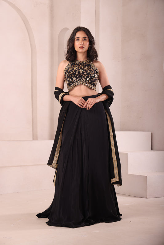 Black Halter Neck Hand Embroidered Lehenga Choli