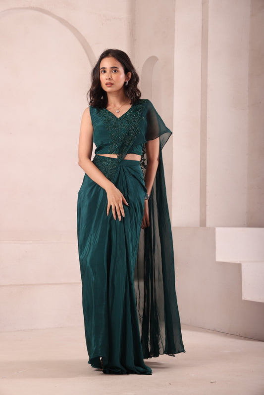 Emerald Green Pre Drape Hand Embroidered Saree