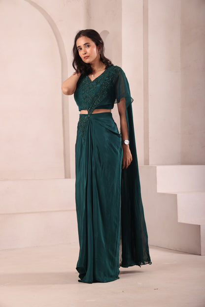 Emerald Green Pre Drape Hand Embroidered Saree