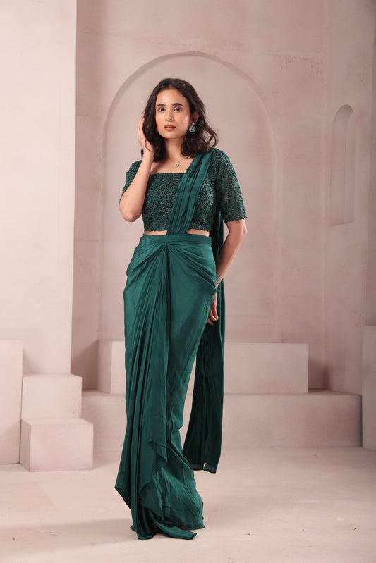 Emerald Green Pre Drape Hand Embroidered Saree with Sleeves