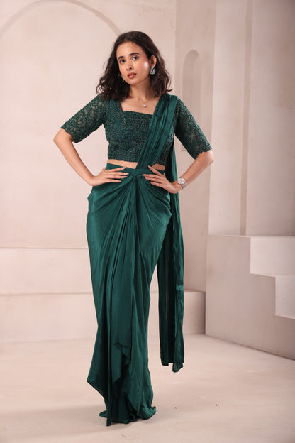 Emerald Green Pre Drape Hand Embroidered Saree with Sleeves