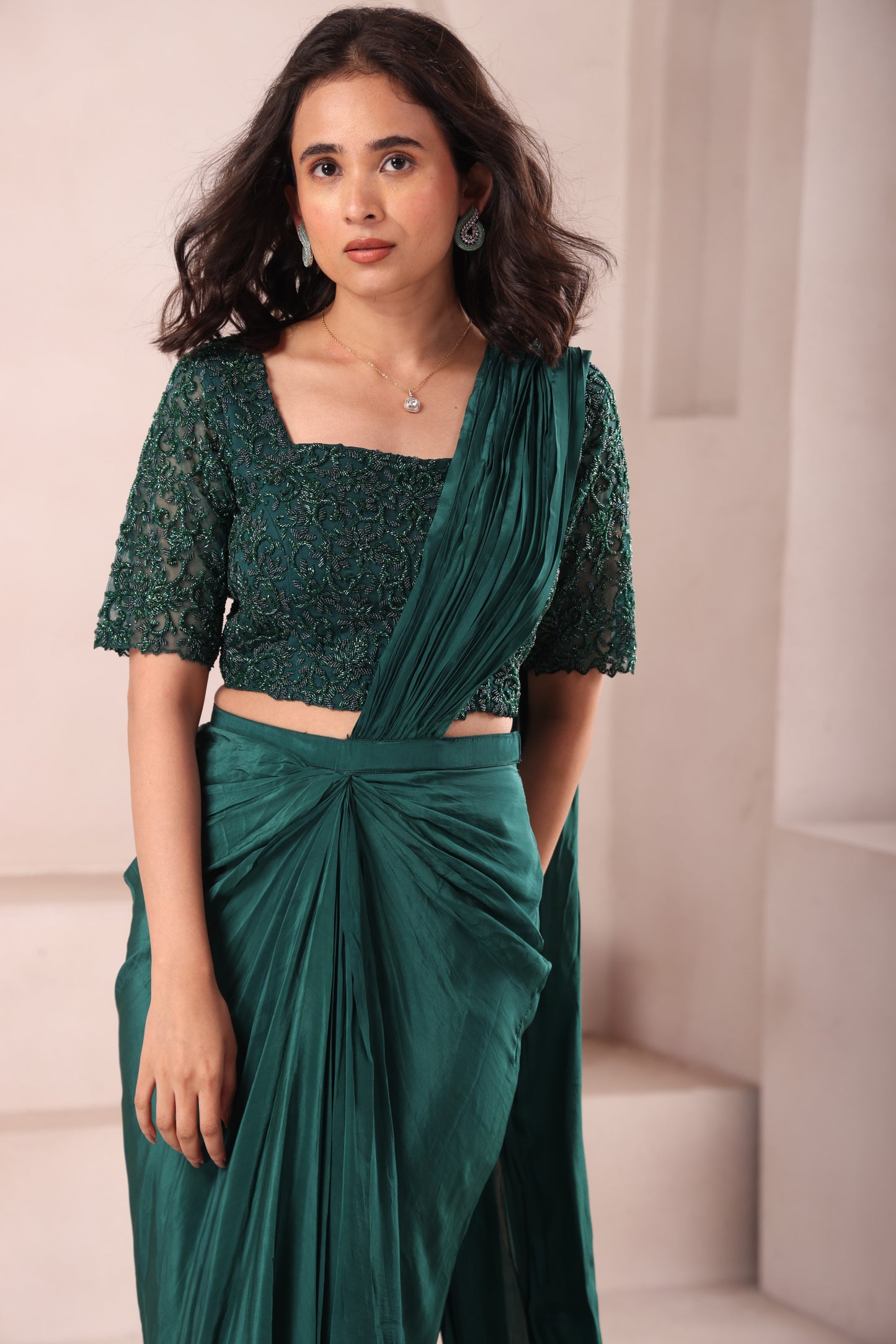 Emerald Green Pre Drape Hand Embroidered Saree with Sleeves