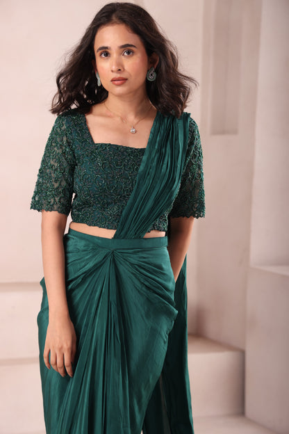 Emerald Green Pre Drape Hand Embroidered Saree with Sleeves