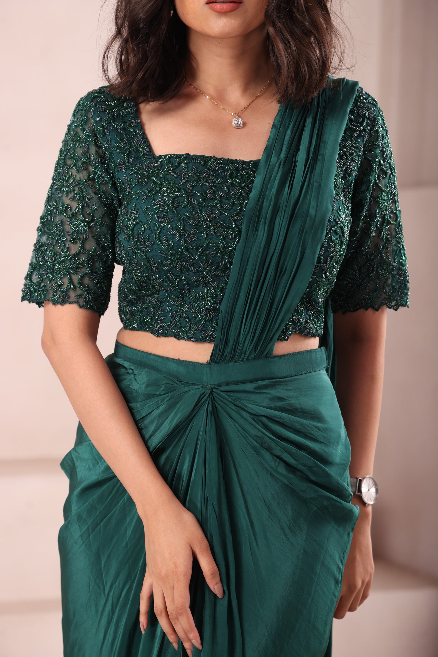 Emerald Green Pre Drape Hand Embroidered Saree with Sleeves