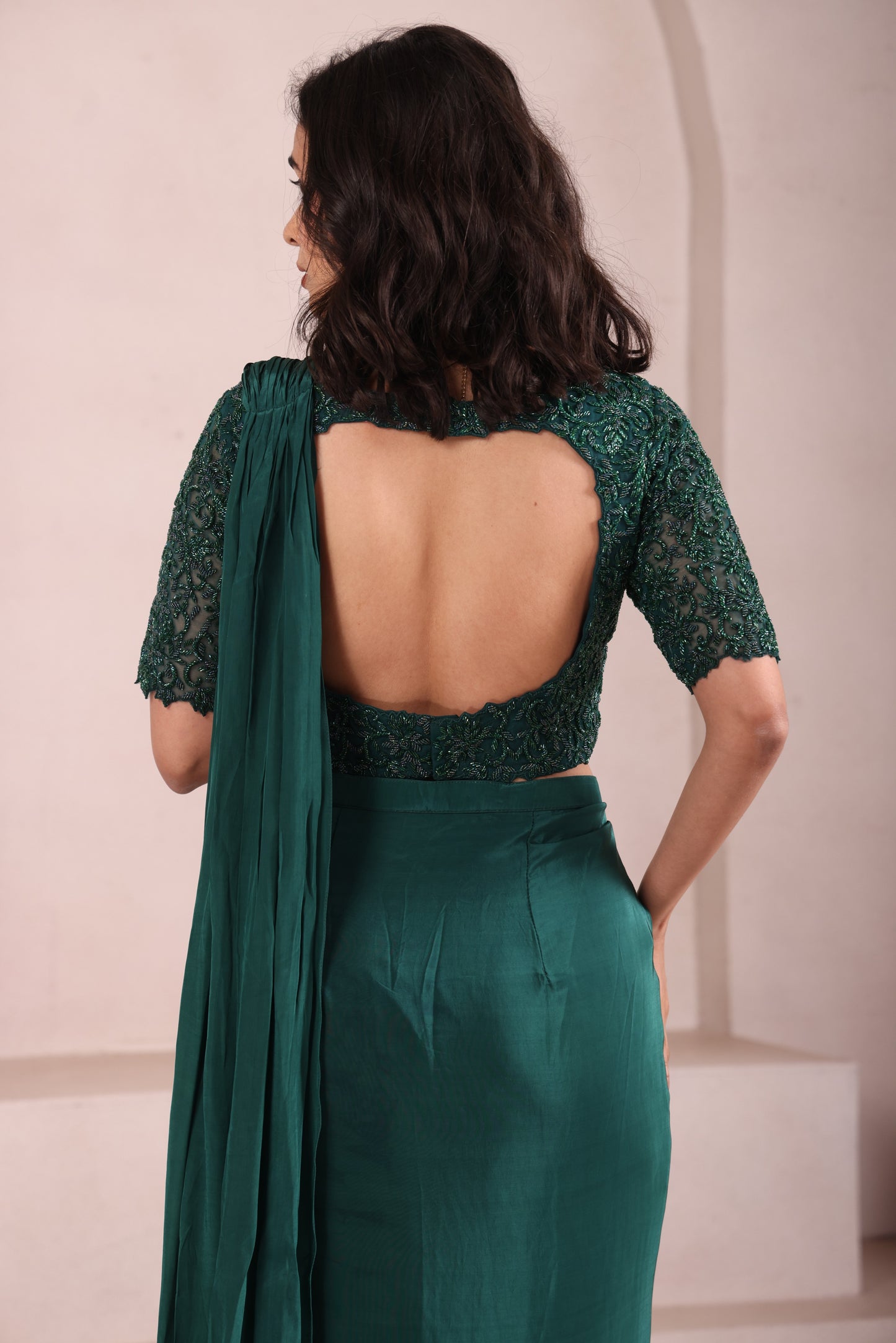 Emerald Green Pre Drape Hand Embroidered Saree with Sleeves