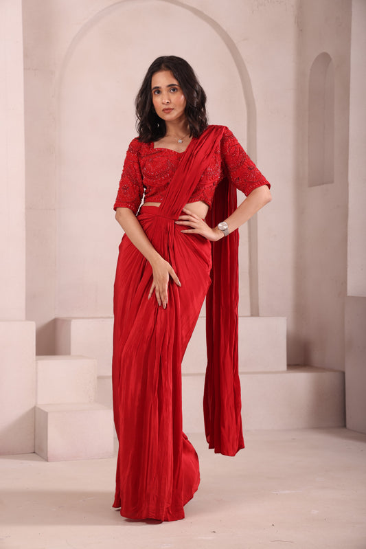 Red Pre Drape Hand Embroidered Saree