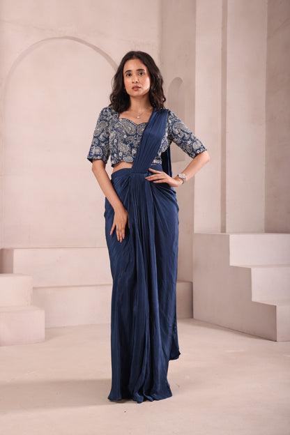 Navy Blue Pre Drape Hand Embroidered Saree