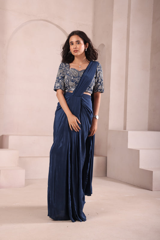 Navy Blue Pre Drape Hand Embroidered Saree