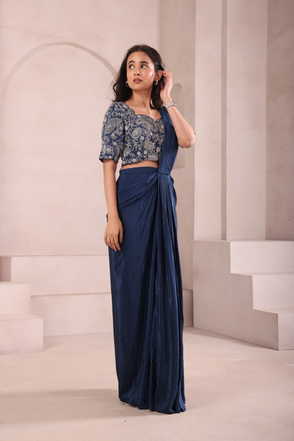 Navy Blue Pre Drape Hand Embroidered Saree