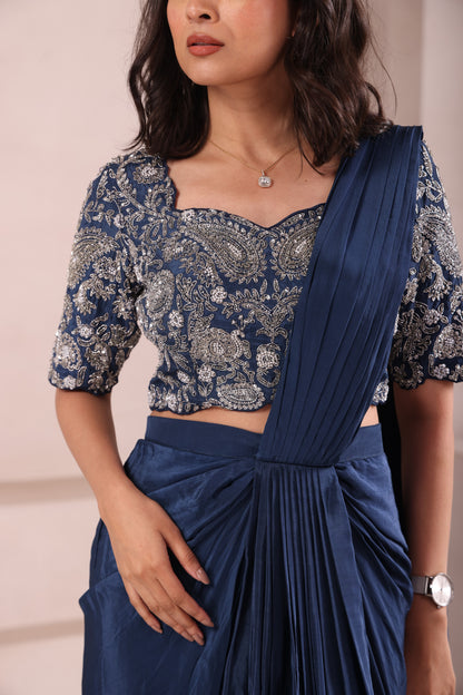 Navy Blue Pre Drape Hand Embroidered Saree
