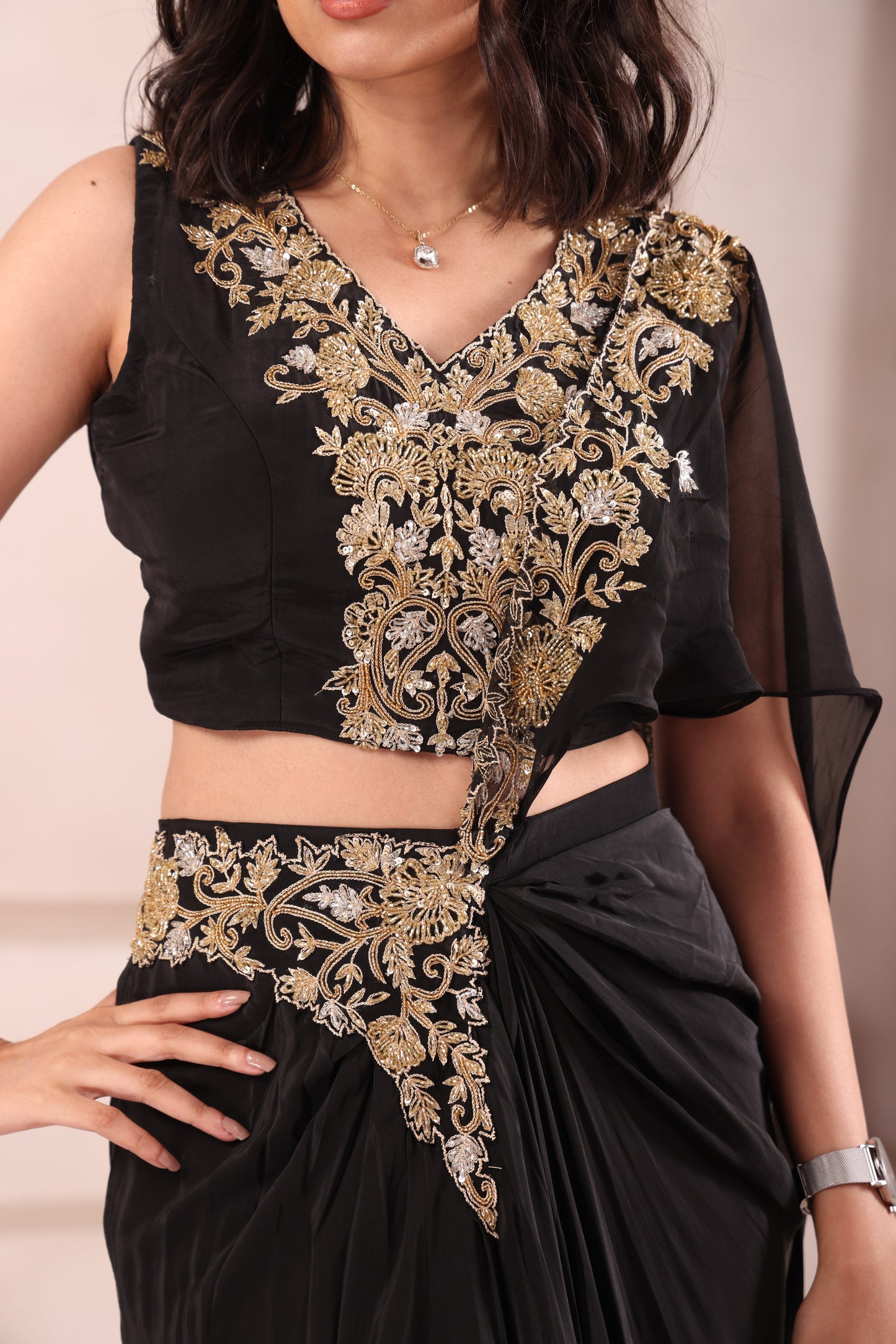 Black Hand Embroidered Pre Drapes Saree