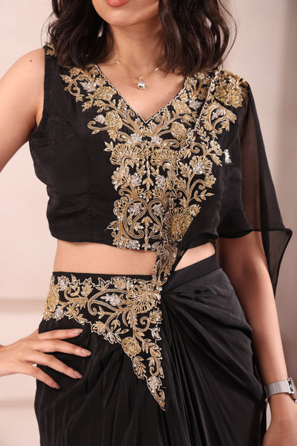 Black Hand Embroidered Pre Drapes Saree