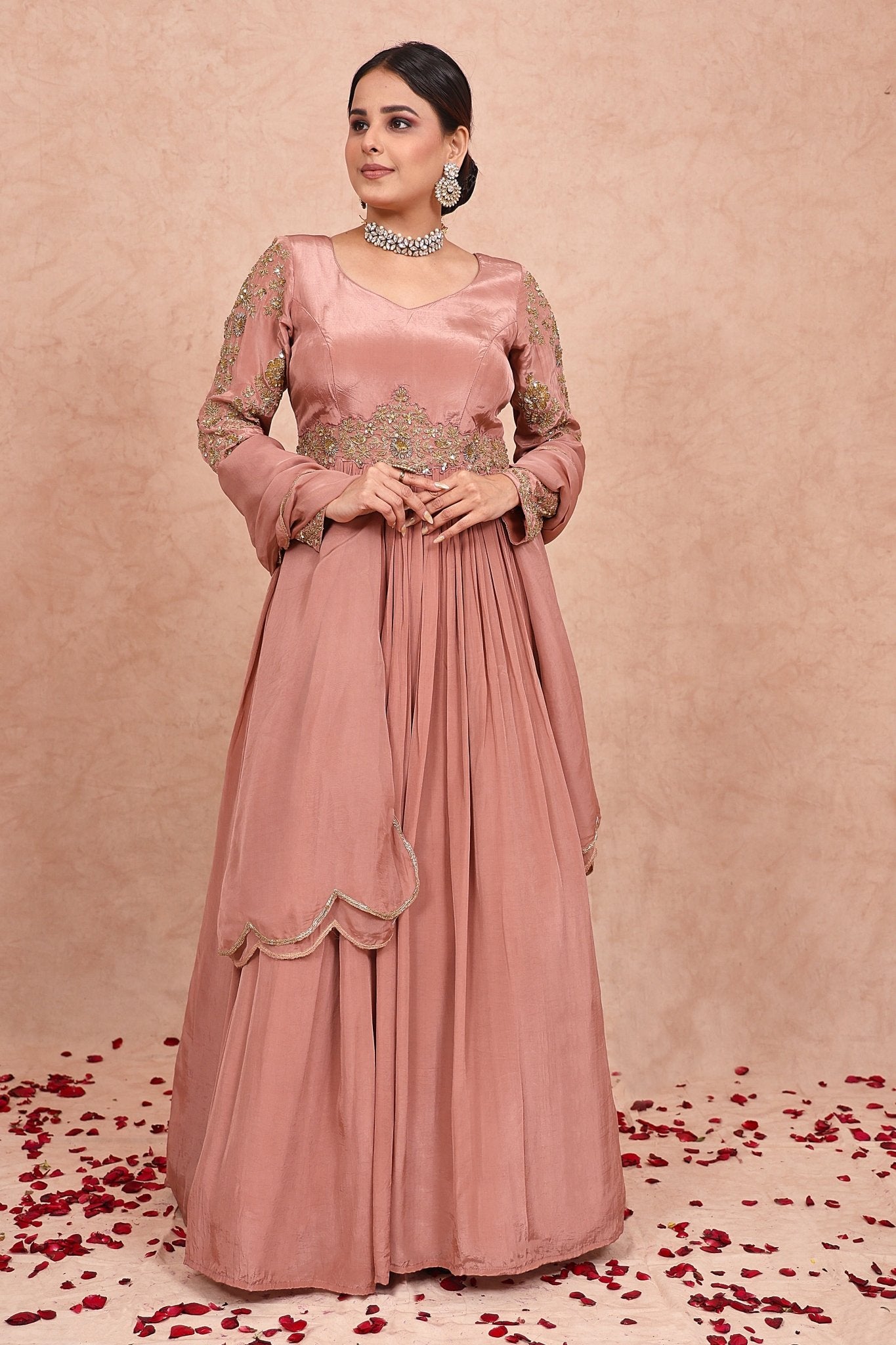 Rose Gold Hand Embroidered Crepe Anarkali Set