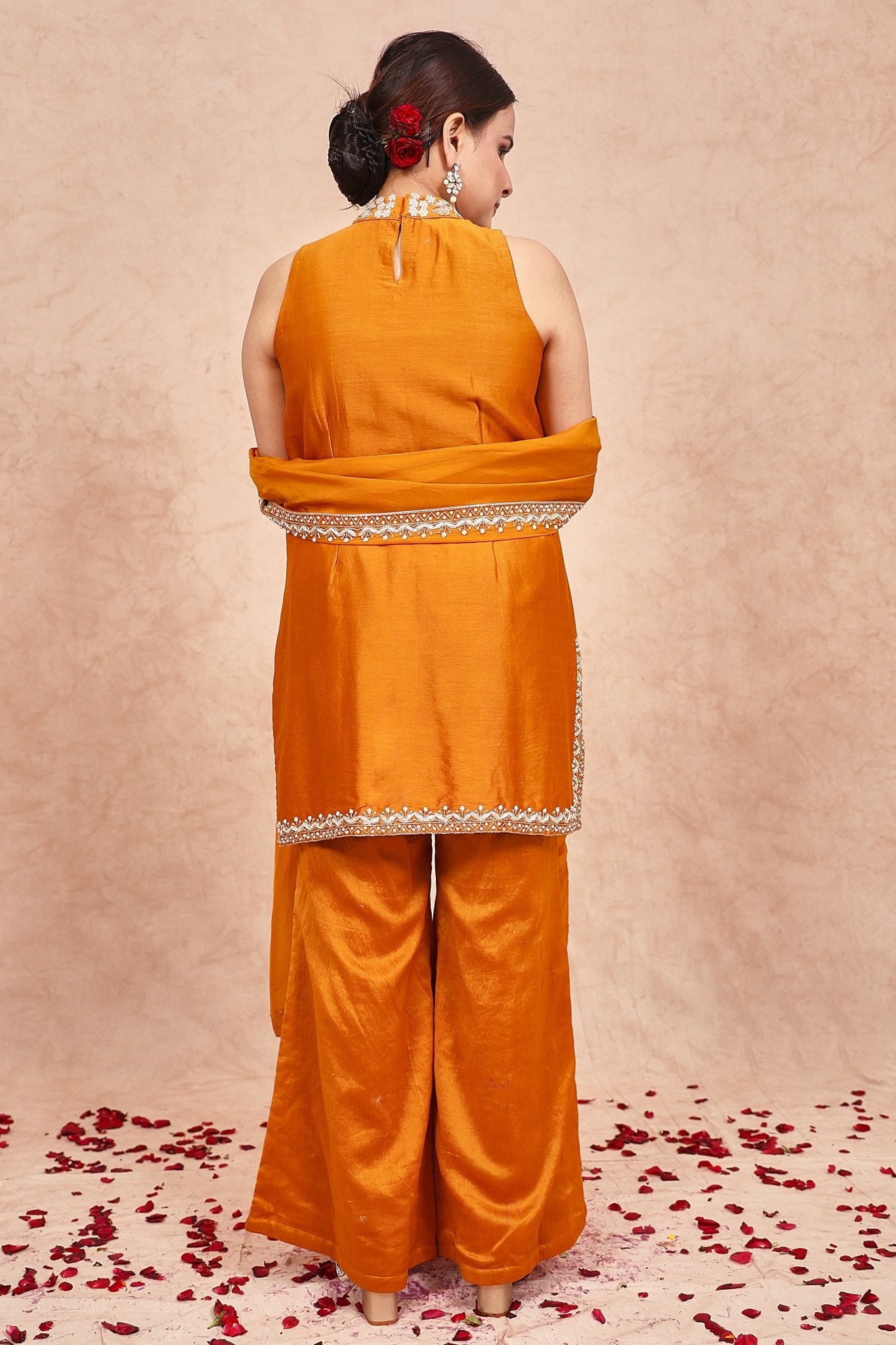 Yellow Chanderi Silk Embroidered Halter Neck Kurta Set