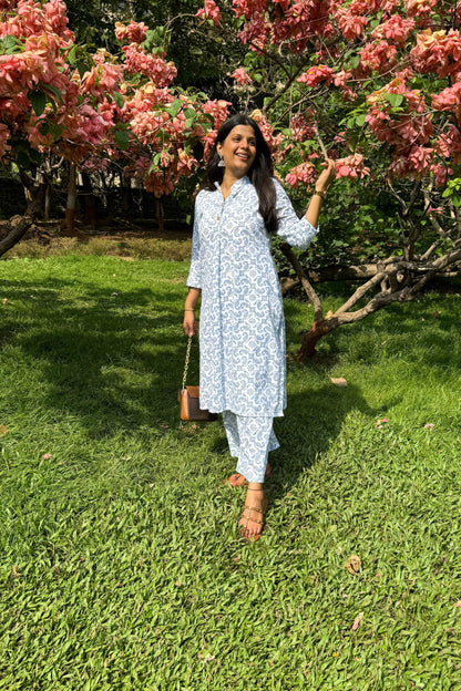 White Printed Pure Cotton Kurta Set