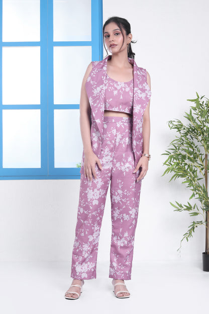 Linen Pink Shawl Collar Floral Jacket Set