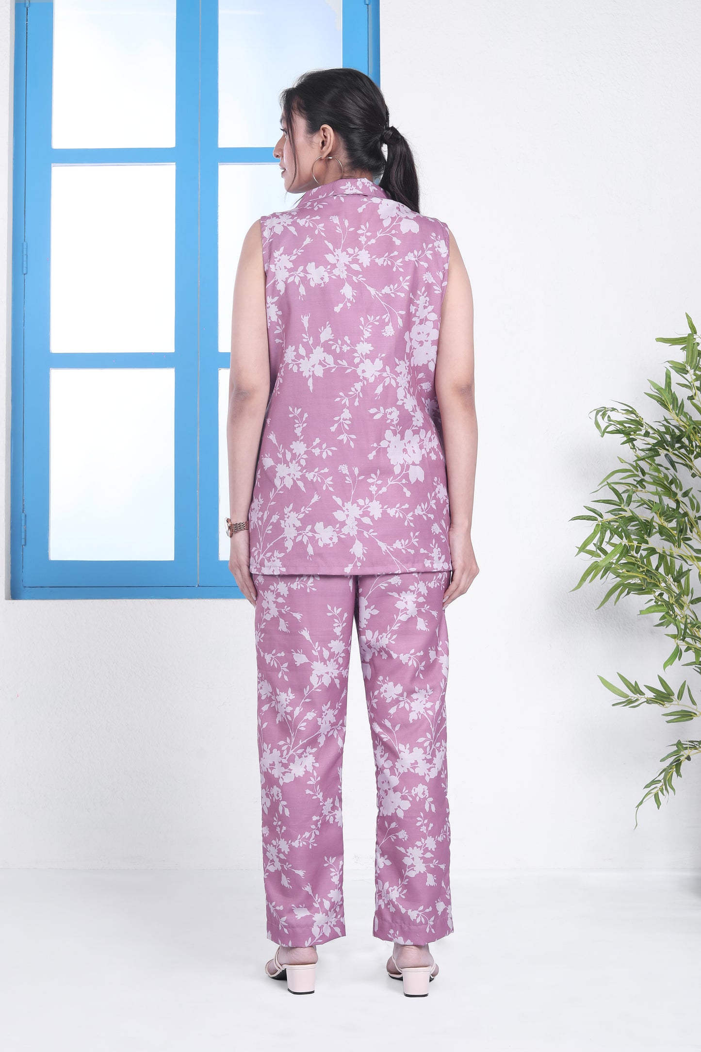 Linen Pink Shawl Collar Floral Jacket Set