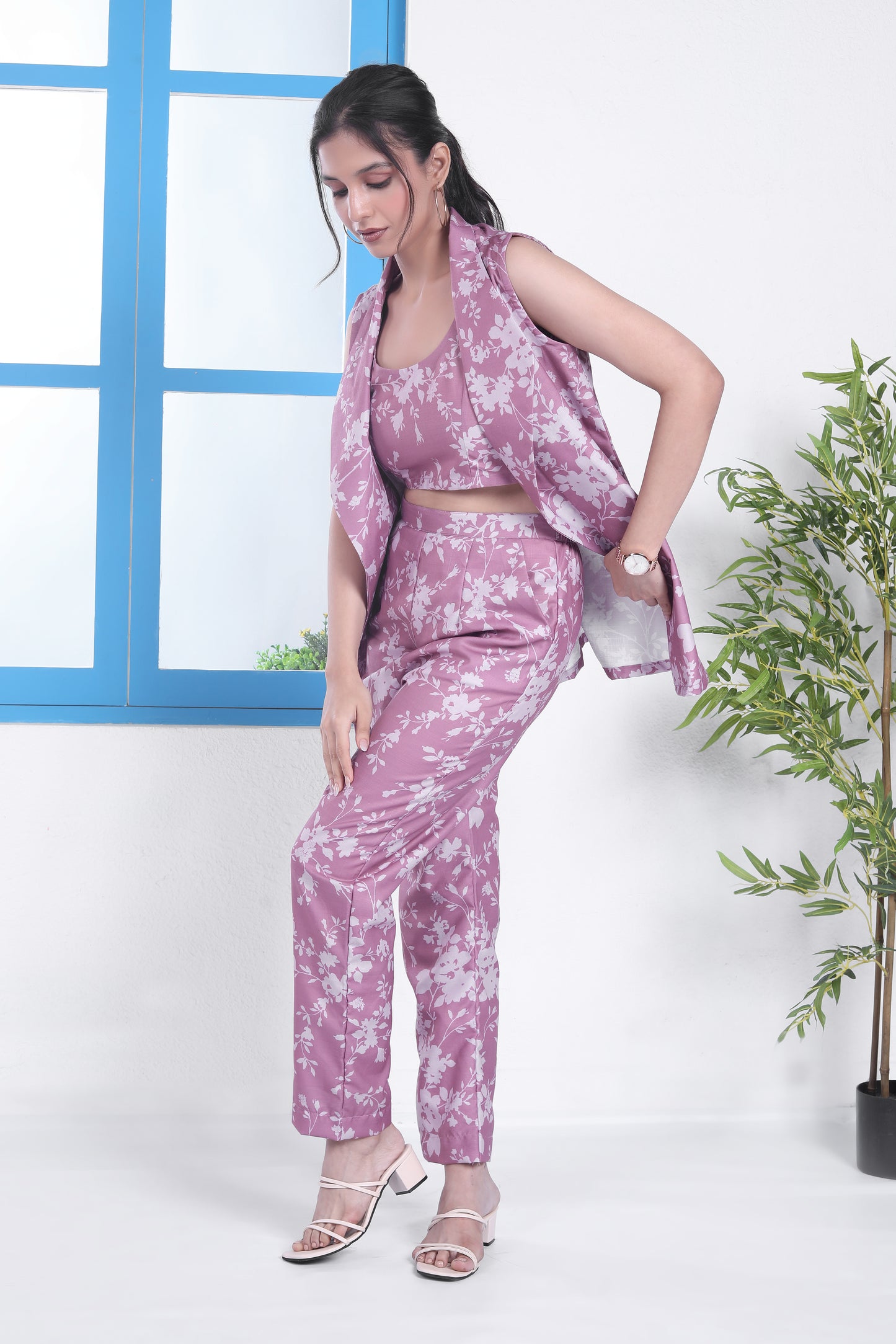 Linen Pink Shawl Collar Floral Jacket Set