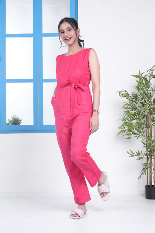 Silk Solid Pink Jumpsuit