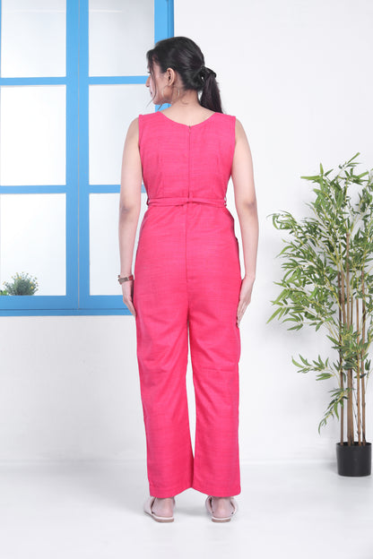 Silk Solid Pink Jumpsuit