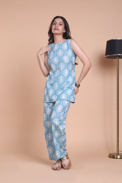 Blue and white co-ord set with sleeveless top