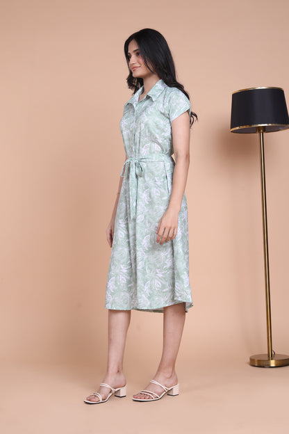 Linen Green Floral Midi Dress